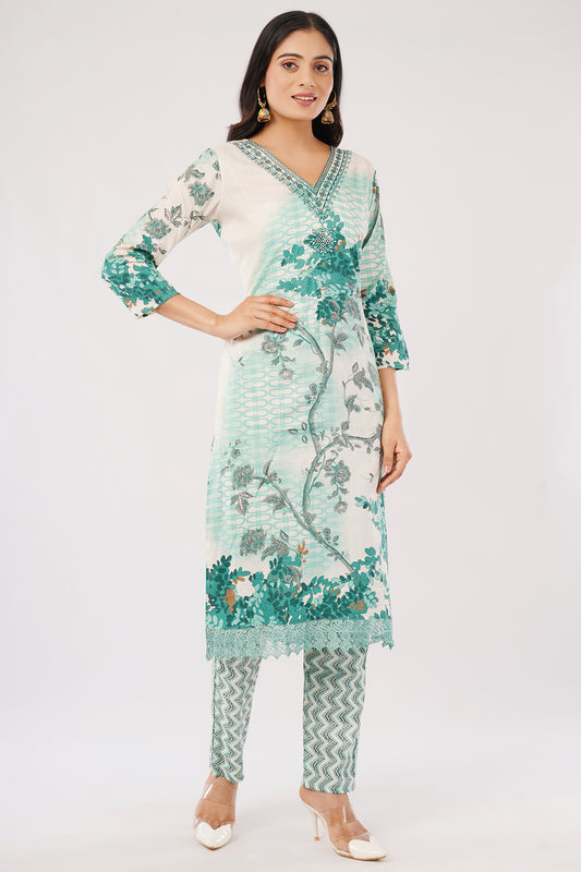 Women's Floral Print Kurta Set with Dupatta, Green and White, 3-Piece Ethnic Wear