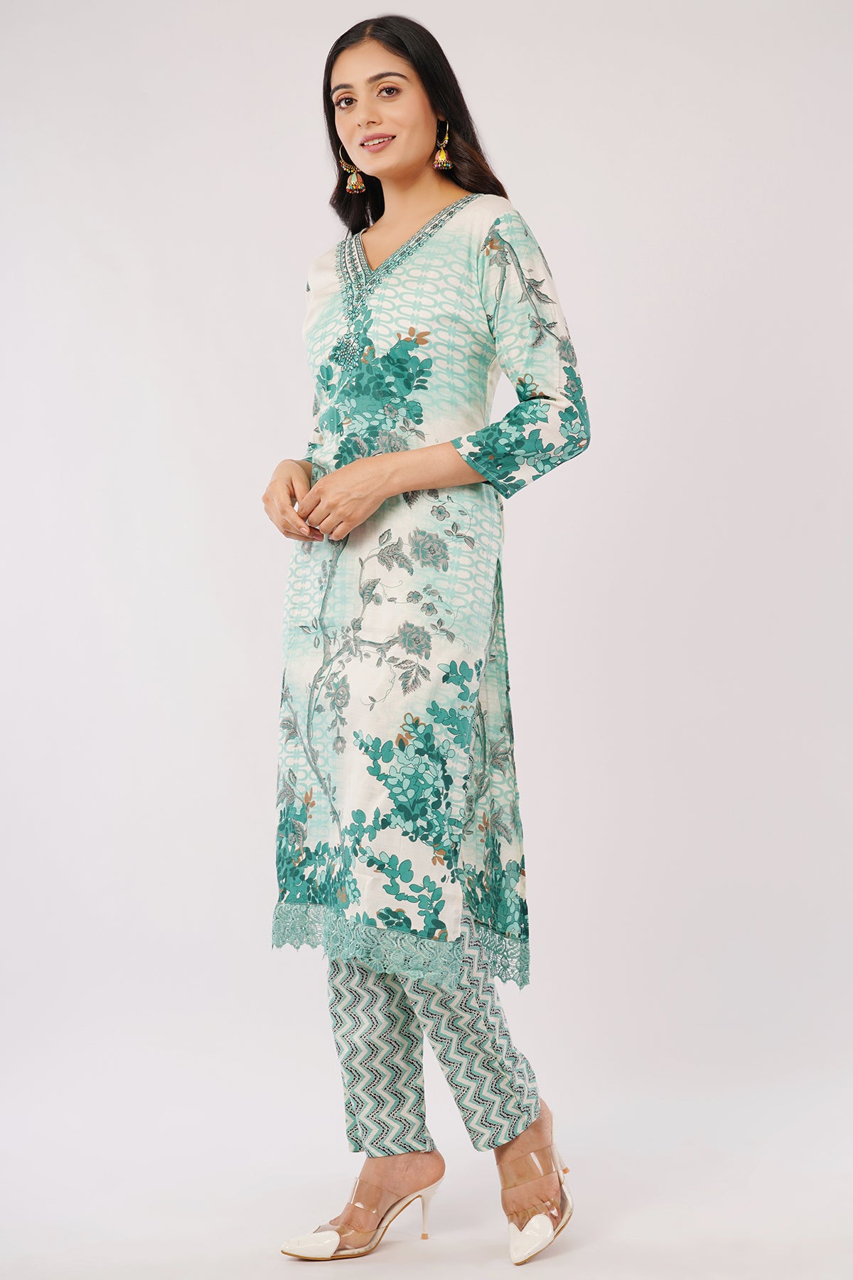 Women's Floral Print Kurta Set with Dupatta, Green and White, 3-Piece Ethnic Wear
