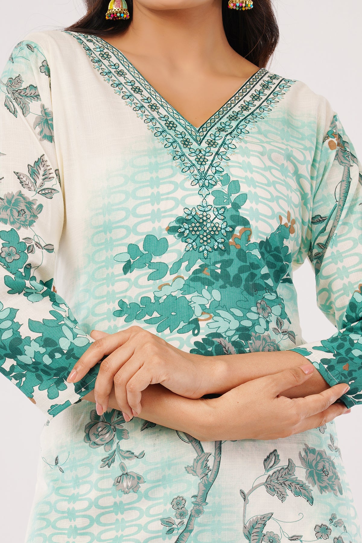 Women's Floral Print Kurta Set with Dupatta, Green and White, 3-Piece Ethnic Wear