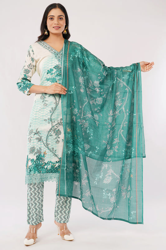 Women's Floral Print Kurta Set with Dupatta, Green and White, 3-Piece Ethnic Wear