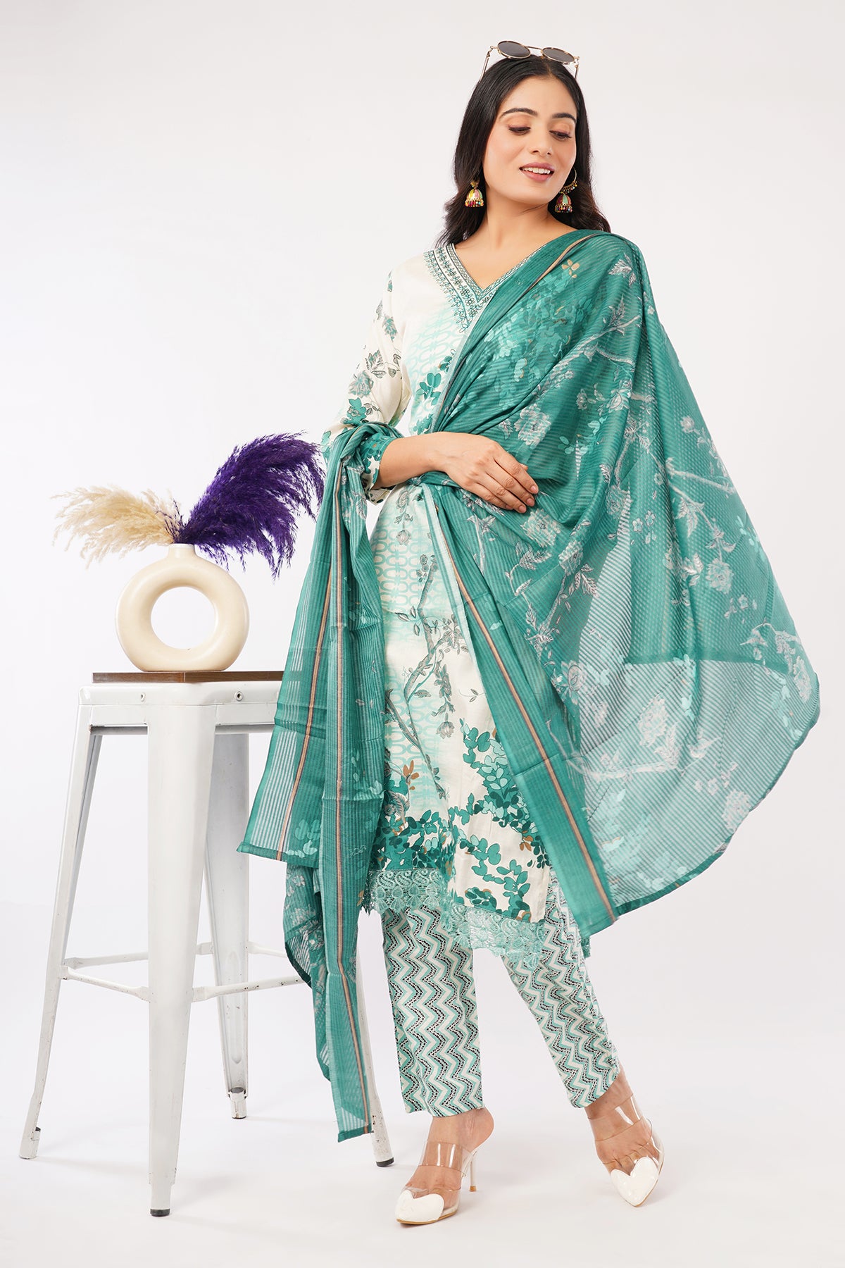 Women's Floral Print Kurta Set with Dupatta, Green and White, 3-Piece Ethnic Wear