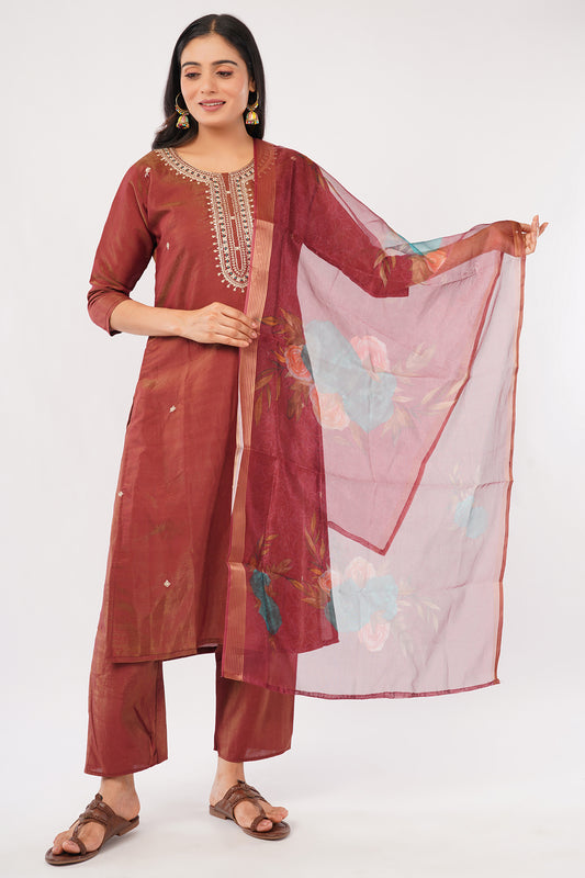 Traditional Embroidered Kurta Set with Floral Dupatta, Maroon, 3-Piece
