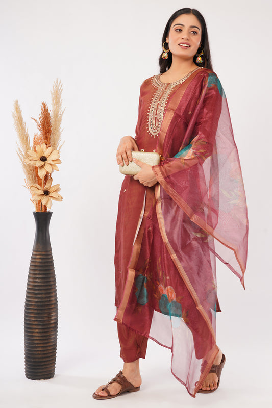 Traditional Embroidered Kurta Set with Floral Dupatta, Maroon, 3-Piece