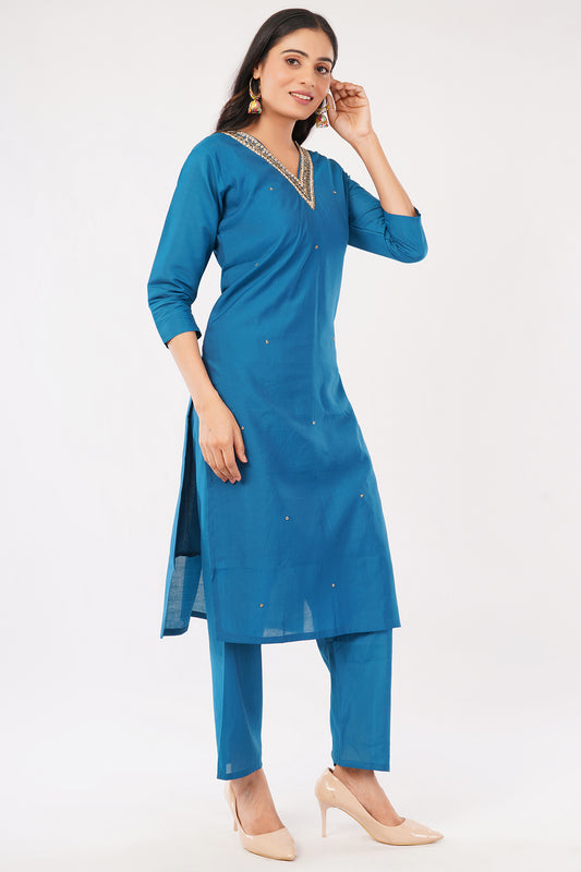 Women's Cotton Kurta Pyjama Set with Floral Dupatta, Blue, Traditional V-Neck with Embroidery, Regular Fit, Three Quarter Sleeve