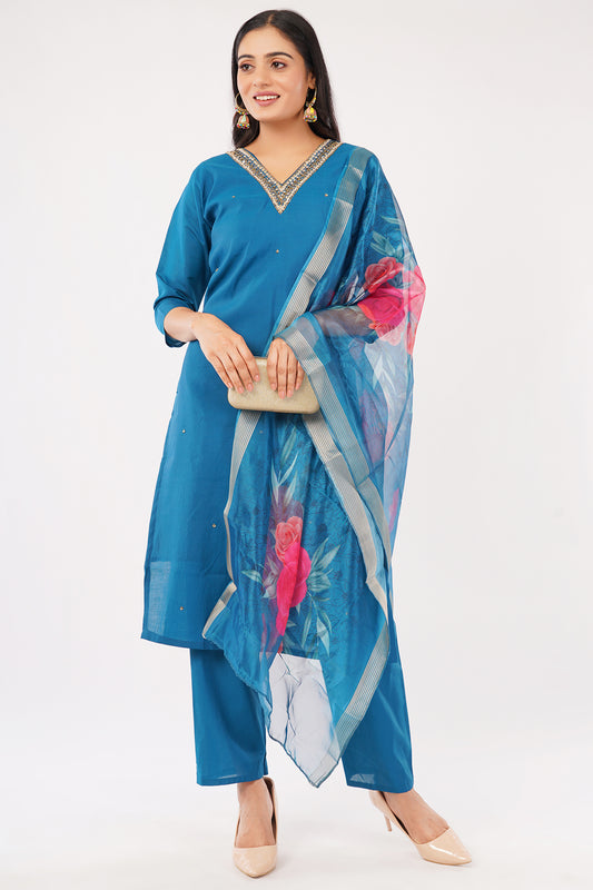 Women's Cotton Kurta Pyjama Set with Floral Dupatta, Blue, Traditional V-Neck with Embroidery, Regular Fit, Three Quarter Sleeve