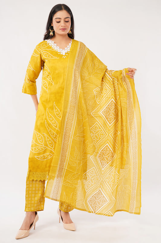 Clothings Traditional Chikankari Embroidered Kurta Set with Dupatta, Yellow, Cotton