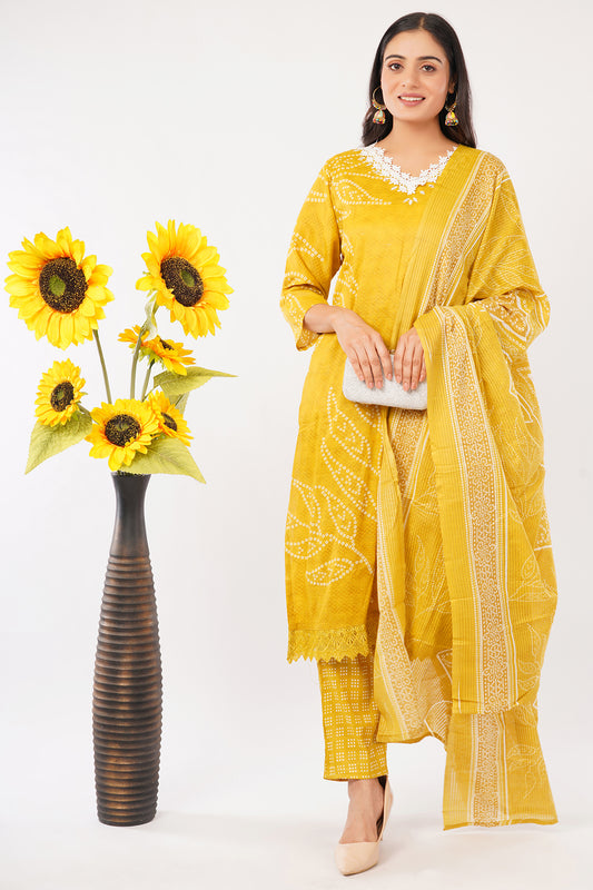 Clothings Traditional Chikankari Embroidered Kurta Set with Dupatta, Yellow, Cotton
