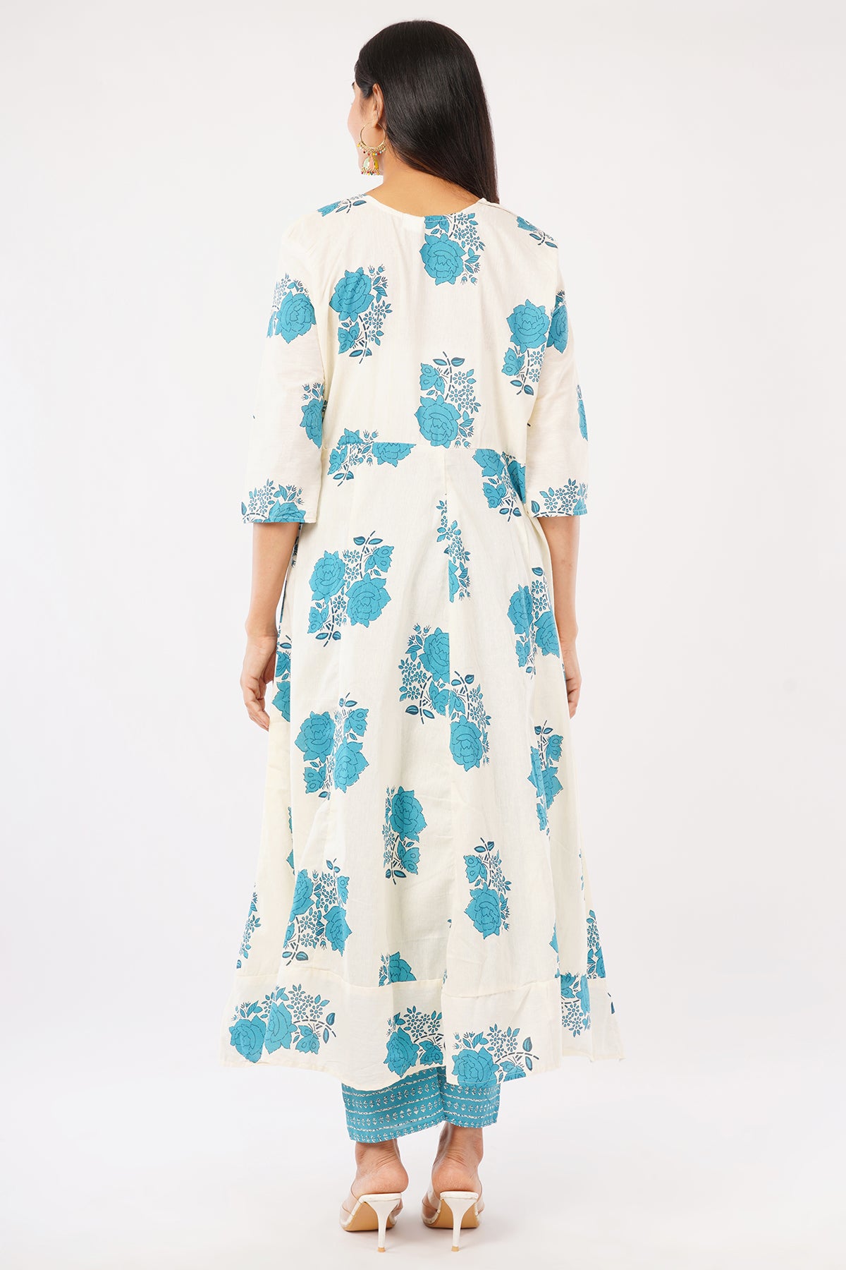 Women's Floral Print Kurta Set with Dupatta, White and Turquoise Blue, 3/4 Sleeve