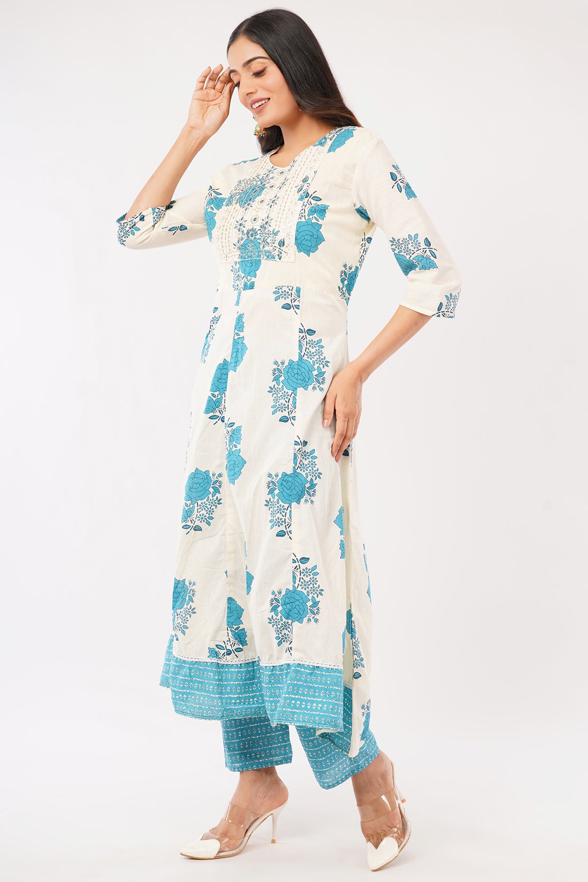 Women's Floral Print Kurta Set with Dupatta, White and Turquoise Blue, 3/4 Sleeve