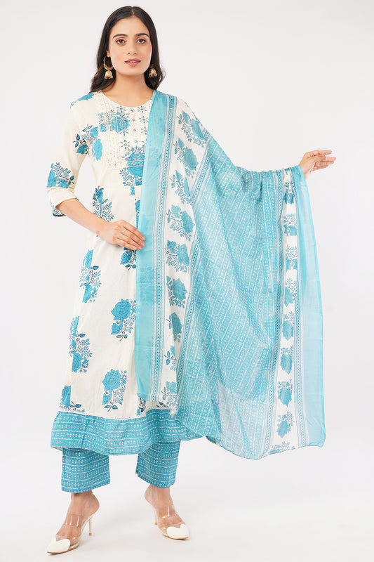 Women's Floral Print Kurta Set with Dupatta, White and Turquoise Blue, 3/4 Sleeve