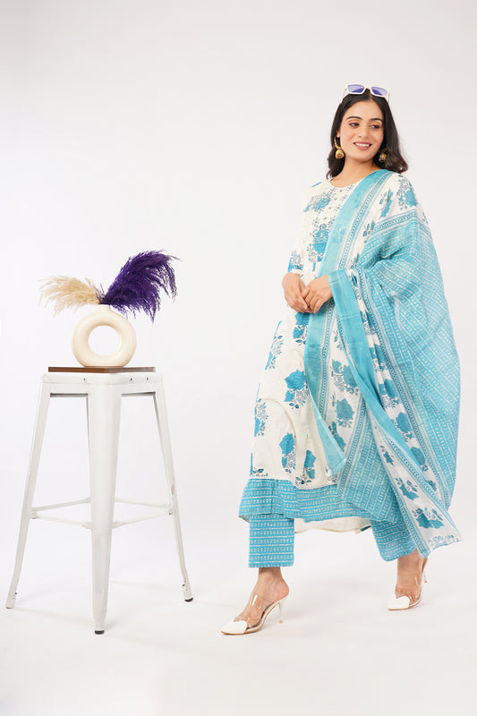 Women's Floral Print Kurta Set with Dupatta, White and Turquoise Blue, 3/4 Sleeve