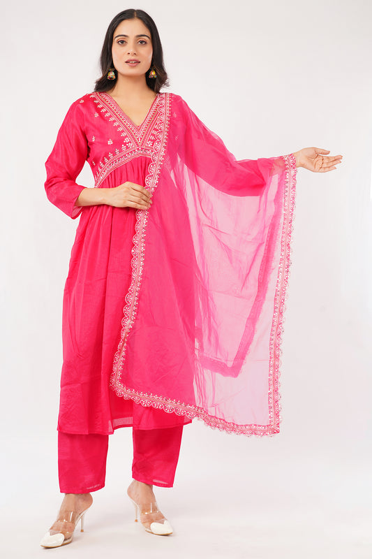 Women's Pink Embroidered Cotton Kurta Set with Dupatta, V-Neck, Full Sleeves