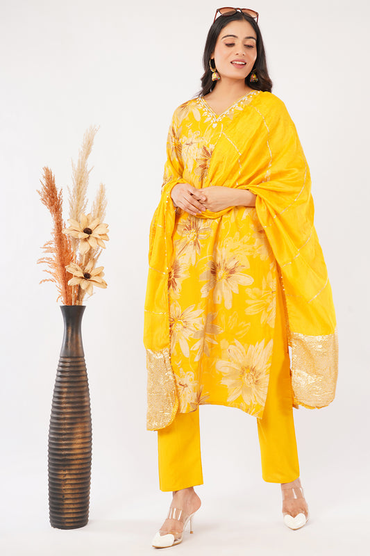 Women's Yellow Floral Printed Kurta Set with Dupatta, 3-Piece Traditional Ethnic Wear