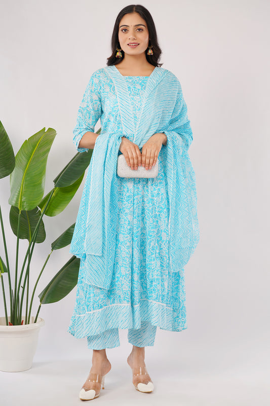 Women's Cotton Kurta Set with Dupatta, Floral Print, Turquoise Blue, 3/4 Sleeve