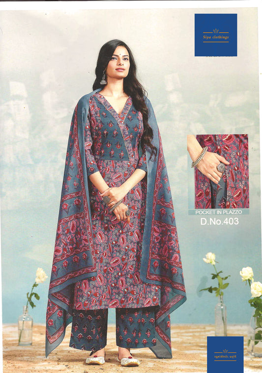 Women's Printed Kurta Set with Dupatta, Blue and Pink Traditional Design, 3-Piece Ethnic Wear